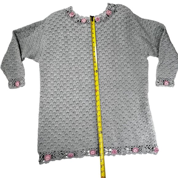 Vintage Handmade Crochet Green Tunic Sweater Pink Roses Colleens Collectables - Picture 12 of 13